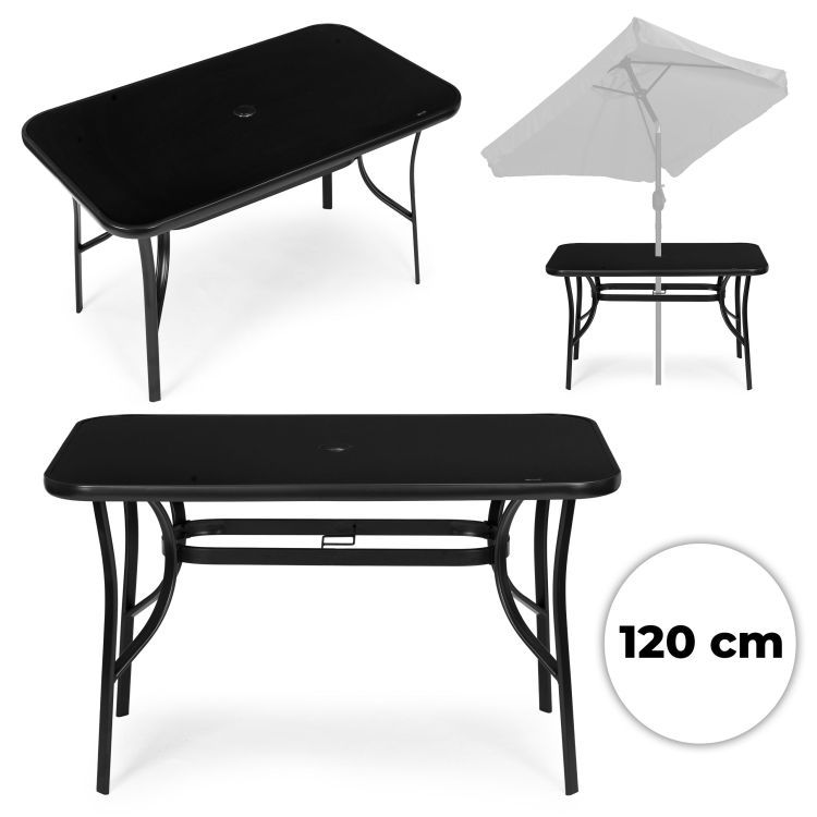 Záhradný stôl 120x70 cm z tvrdeného skla s otvorom na slnečník - čierny MultiGarden Záhradný stôl 120x70 cm z tvrdeného skla s otvorom na slnečník - čierny MultiGarden